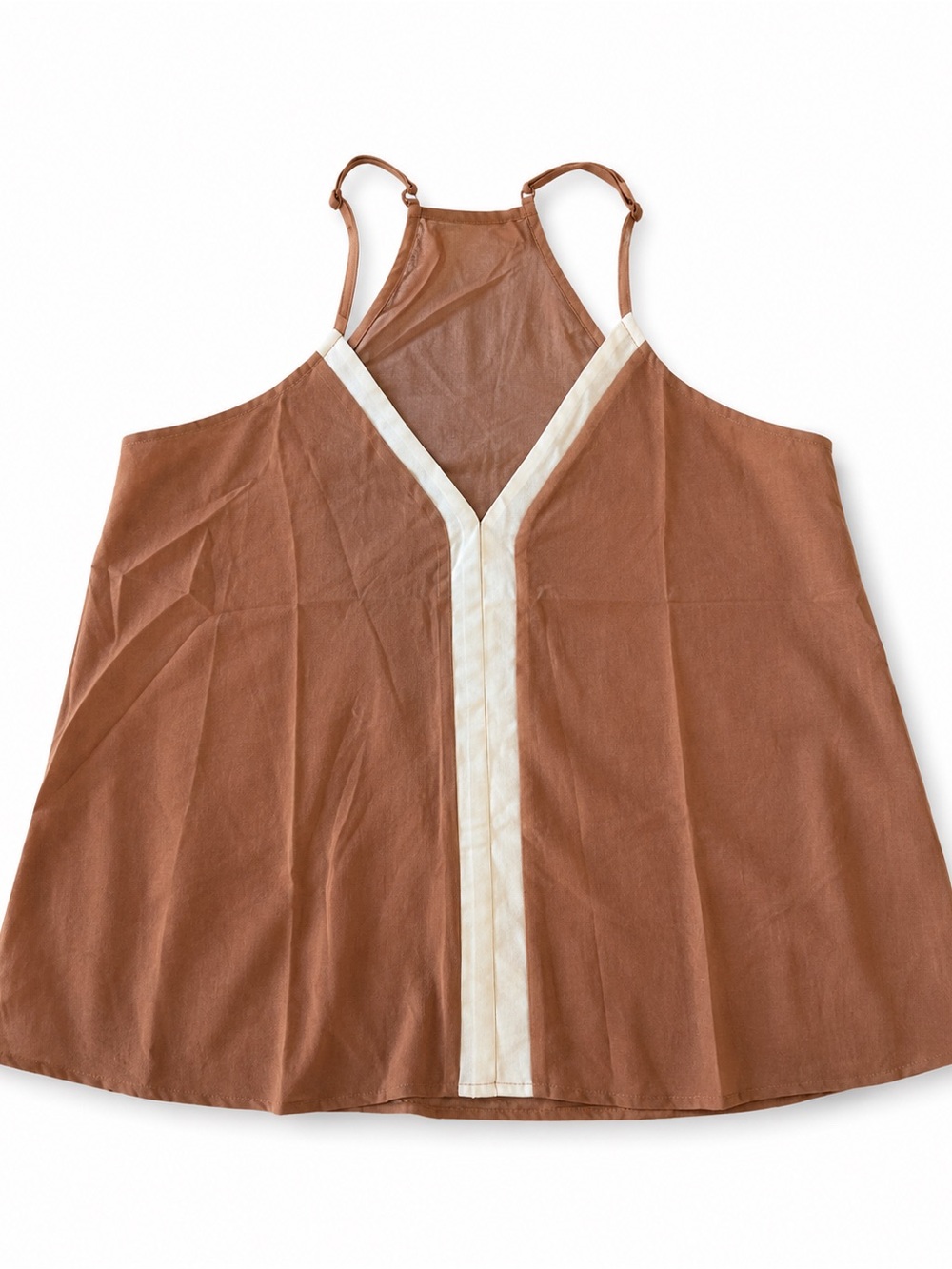 Brown Sleeveless V-Neck Tank with Cream Trim